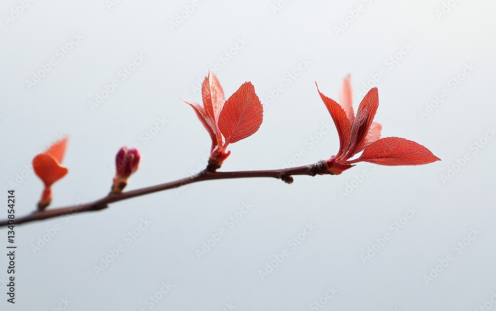 Poster close up of red spring leaves on a branch with dew drops and blurred background