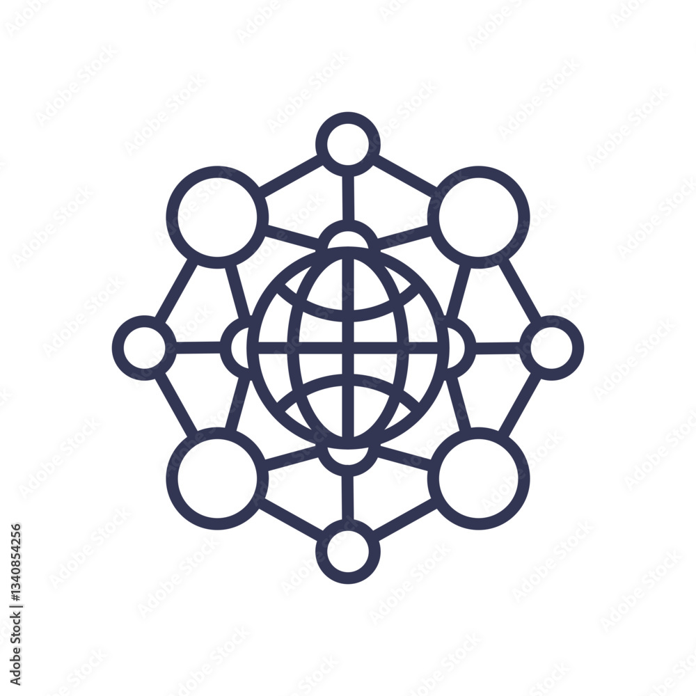 Poster a globe surrounded by interconnected nodes symbolizes global interconnectedness.