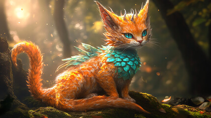Fantasy dragon-cat hybrid, vibrant colors