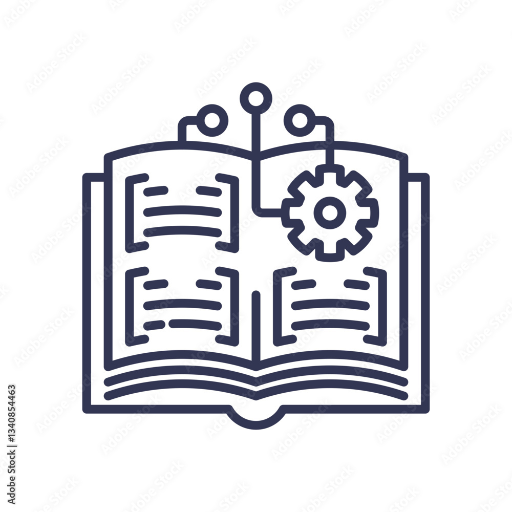Poster open book with circuit and gear symbolizes structured knowledge and technology integration.