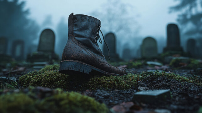 A single boot stepping onto a moss-covered grave, the detail of worn leather and damp earth beneath it telling an unspoken tale. The background is a simple gradient of deep blue, emphasizing the mys