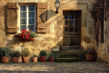 Rustic Stone Building on Sun-Drenched Cobblestone Street at Dawn