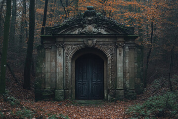Fototapeta premium Mysterious stone gateway stands in a serene forest surrounded by tall trees on an overcast day