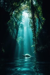 Obraz premium A silhouette of a giant turtle floating through the ocean, its shell covered with seaweed, drifting peacefully under the moonlight. 