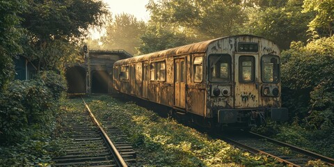 Fototapeta premium Abandoned Rust Train Sits Forgotten on Overgrown Railway Tracks