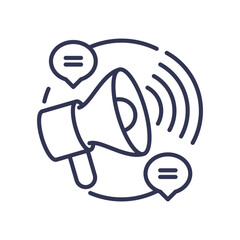 Megaphone with speech bubbles symbolizes communication and marketing outreach.