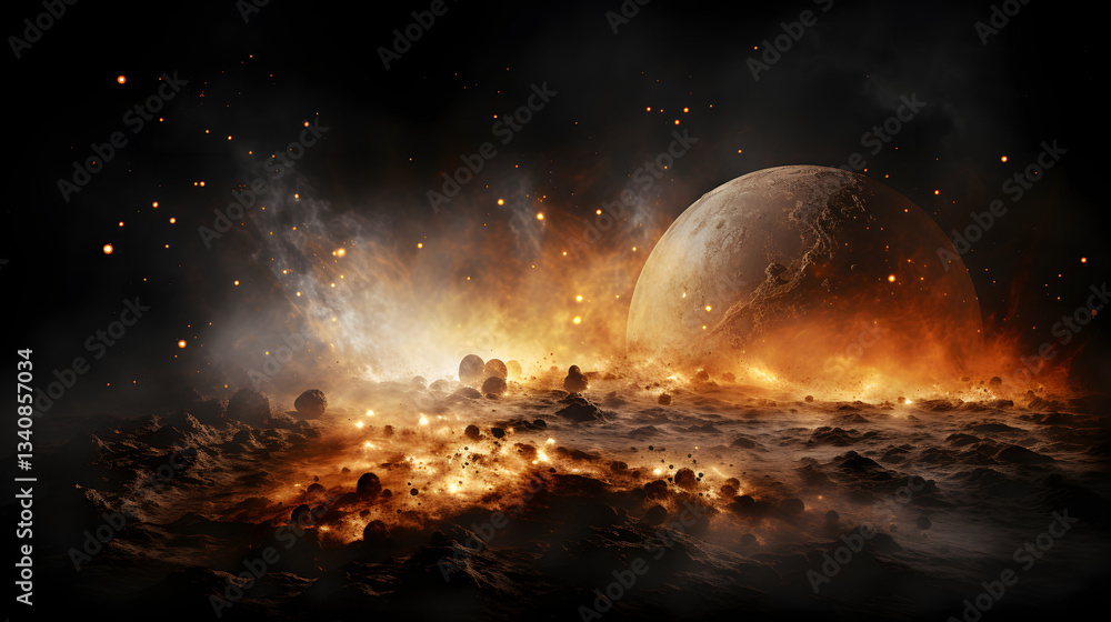 Poster dramatic scene of a planet exploding in a catastrophic event captured against the dark and forebodin