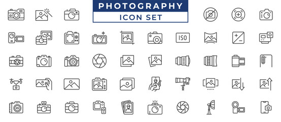 Photography line icon set. Containing photo camera, photographer, video camera and photograph symbol line icon vector illustration