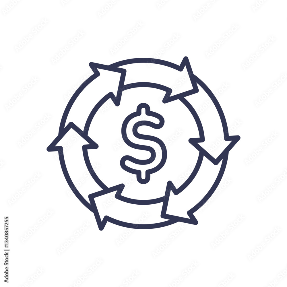 Poster dollar sign encircled by arrows, symbolizing recurring payments in subscription models.
