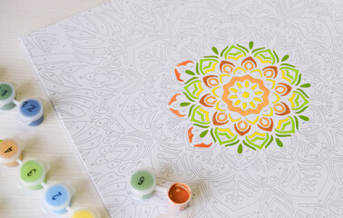 Mandala Painting by Numbers with Bright Colors. Paint by number kits