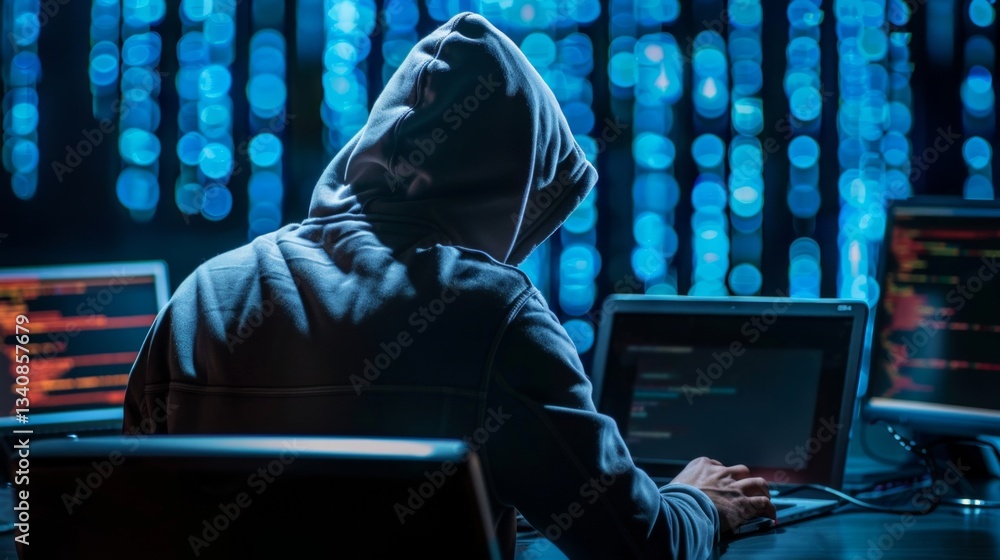 Poster malicious hacker conducts data breach using advanced malware technology in a dark cyber environment