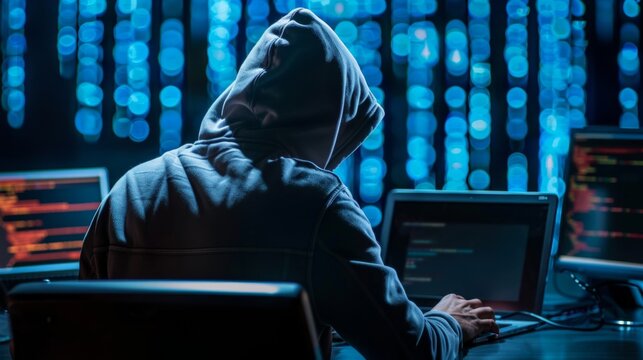Malicious hacker conducts data breach using advanced malware technology in a dark cyber environment