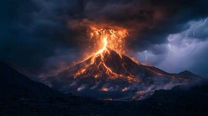 Volcano Mountain erupting with hot lava. Realistic mountain illustration for landscape wallpaper