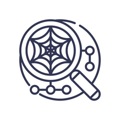 Magnifying glass with web and nodes symbolizes web search and data analysis.