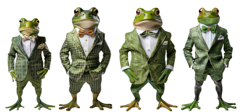 Four stylish frogs dressed in unique suits, showcasing elegance and charm.