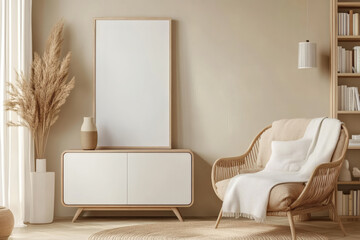 Cozy Scandinavian Reading Nook with White Picture Frame Mockup and Warm Earthy Tones