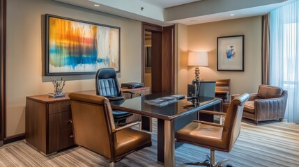 A luxury office suite with soft lighting, contemporary art, and premium leather furniture