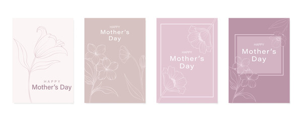 Happy Mother's Day vector greeting cards set with beautiful flowers. Line minimalist style illustration for banner © Walija