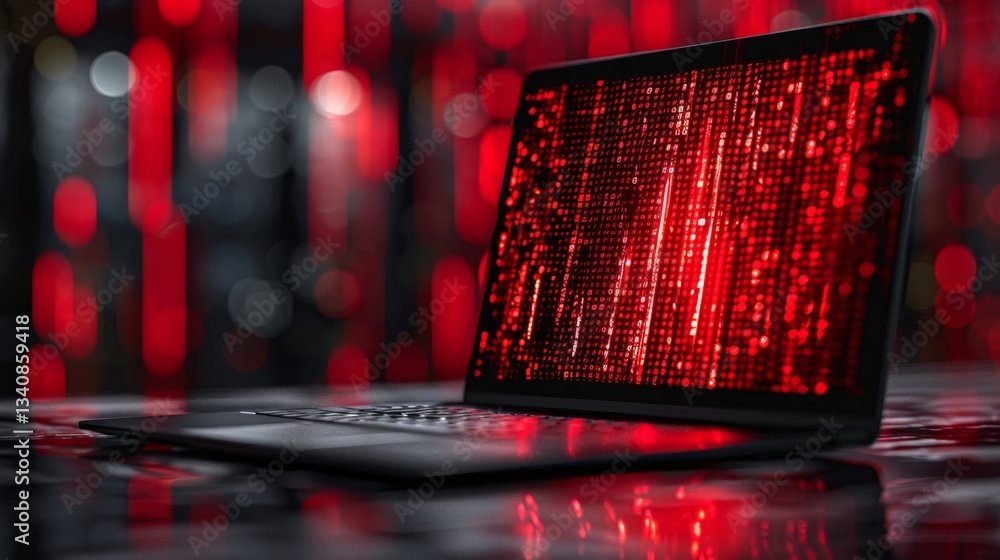 Poster digital security breach highlighted by a red data stream on a laptop screen in a dark environment