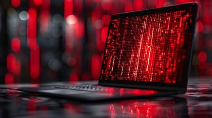 Digital security breach highlighted by a red data stream on a laptop screen in a dark environment