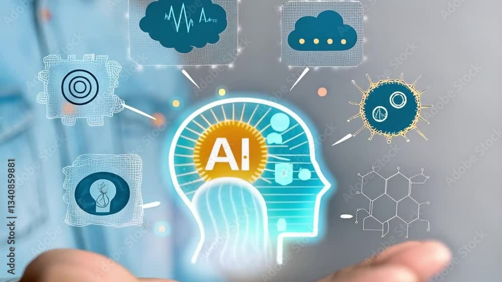 Poster ai revolution: human interacting with futuristic ai chatbot, prompting innovation and technological 