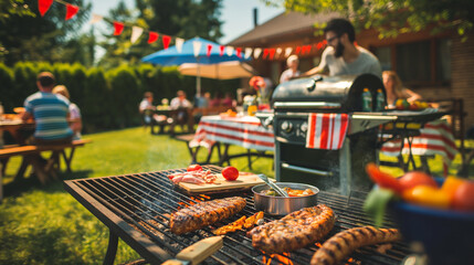 Barbecue grill with meat, table set for outdoor feast.
