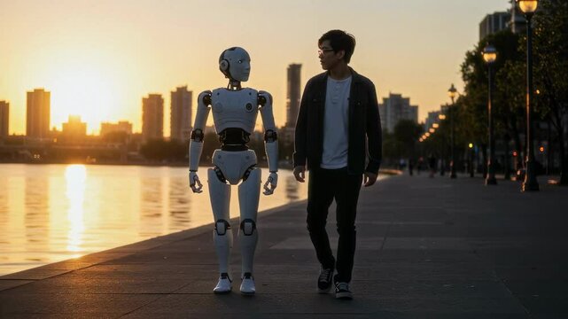 A young man walks alongside a humanoid robot at sunset by the river, symbolizing the future of human-robot relationships and technological advancement
