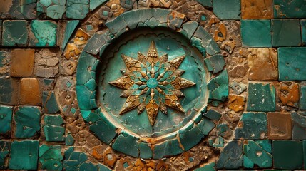 A green and gold mosaic with a star in the center