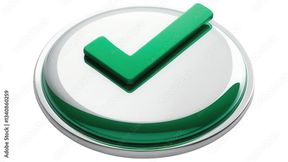 Poster glossy green check mark on a silver circular button background.