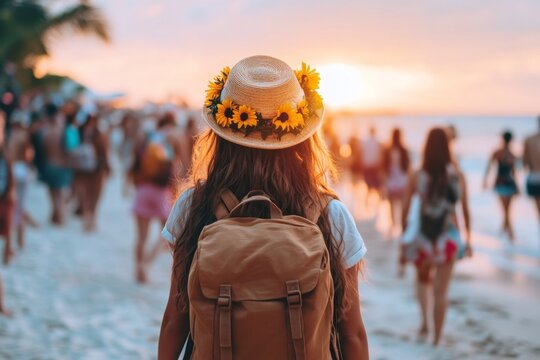 A traveler with a large backpack standing on a sandy beach, gazing at the ocean waves as the sun sets