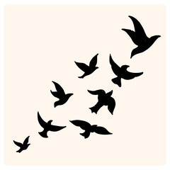 Flock of swallows. Silhouettes crowd flying birds away sky, flyingof sea free black bird aloft swift flight swarm swallow above cloud skyline, silhouetts neat vector illustration of flock bird