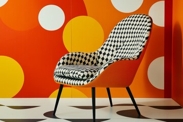 A vintage armchair with bright, patterned upholstery sitting in a 1960s-style living room with bold primary colors