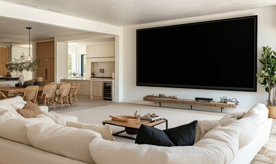 A modern living room with a large television screen display