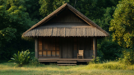 Traditional village house made of wood with thick thatched roof, old wooden plank walls, front yard filled with weeds, background of dense green trees