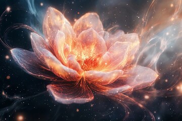 Obraz premium Cosmic flower blooms in vibrant colors against a starry galaxy background