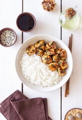 Chicken in teriyaki sauce with rice. Asian food. Healthy eating.
