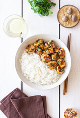 Chicken in teriyaki sauce with rice. Asian food. Healthy eating.