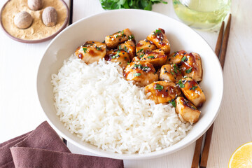 Chicken in teriyaki sauce with rice. Asian food. Healthy eating.
