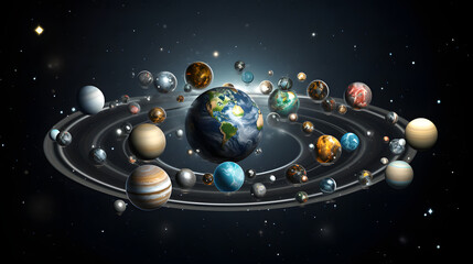 A circular arrangement of planets depicting various celestial bodies in a rotating disk illustrating the dynamics of protoplanetary systems.