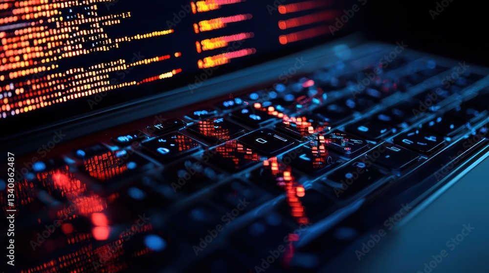 Aufkleber cyberpunk glow: laptop keyboard with red code reflection
