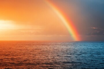Golden sunset sky above a forest with a brilliant rainbow, mist rising from the mountains scenic nature background