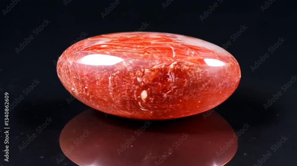 Poster a smooth, polished red stone with a glossy surface red silk jade gemstone, reflecting light. the sto