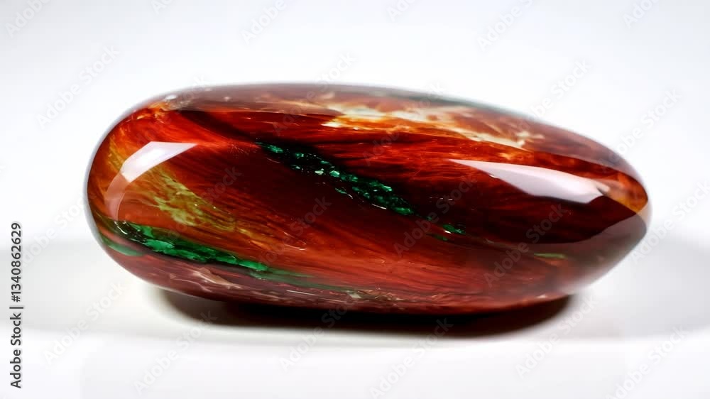 Poster a polished red and green red silk jade gemstone with a smooth surface, showcasing intricate patterns