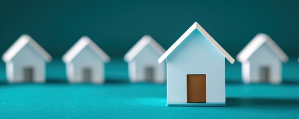 Miniature houses in row, showcasing charming design with teal background. focus is on front house, emphasizing its inviting door and unique structure, evoking sense of warmth and community