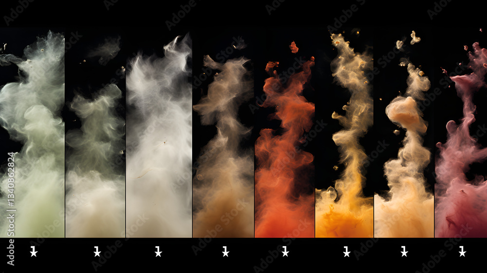 Poster an array of colorful smoke billowing and twisting in the air depicting the complex protostellar evol