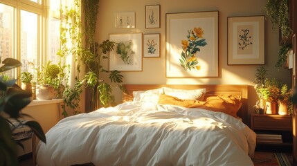 A cozy bedroom with sunlight, featuring a bed adorned with white linens, decorative pillows, and surrounded by lush plants and framed botanical art.