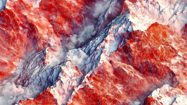An abstract representation of mountainous terrain with vibrant red and white colors, showcasing intricate textures and patterns resembling rocky surfaces.