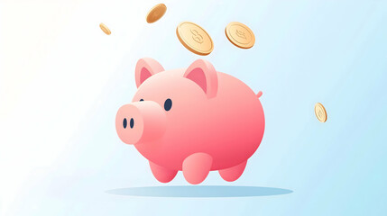 A cartoon piggy bank is animatedly surrounded by floating coins, symbolizing savings and financial growth in a vibrant, light blue background.