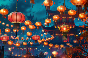 Beautiful holiday composition for happy celebrate chinese festival of lanterns, abstract vivid composition consists of fictional unreal fantastic vision on background