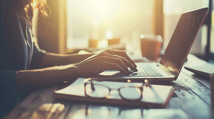 A person typing on a laptop in a sunlit environment, with glasses resting on a notebook, creating a cozy and productive workspace.